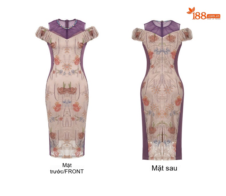 Đầm Ôm Body Nữ Cổ Tròn Viền Đá In Hoa Phong Cách Pháp Cổ Điển Màu Tím, Kem chi tiết 4