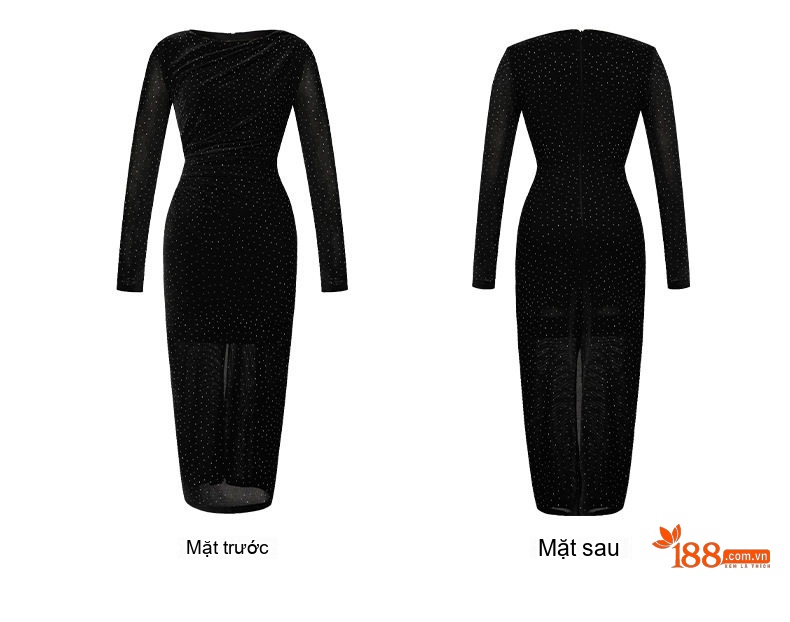 Đầm Ôm Body Nữ Dài Tay Cổ Điển Pháp Đính Đá Nóng Thiết Kế Nhún Ly Màu Hồng, Đen chi tiết 6