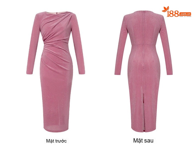 Đầm Ôm Body Nữ Dài Tay Cổ Điển Pháp Đính Đá Nóng Thiết Kế Nhún Ly Màu Hồng, Đen chi tiết 7