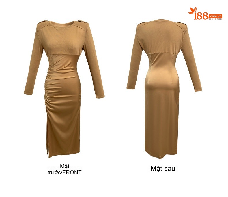 Đầm Ôm Body Nữ Dài Tay Cổ Tròn Xẻ Tà Thiết Kế Vai Nhún Màu Nâu chi tiết 5