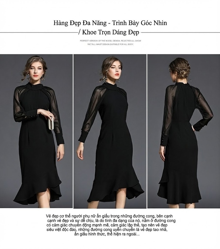 Đầm Ôm Body Nữ Dáng Dài Tay Dài Cổ Cao Thiết Kế Đuôi Cá Phong Cách Thời Trang Màu Đen chi tiết 9
