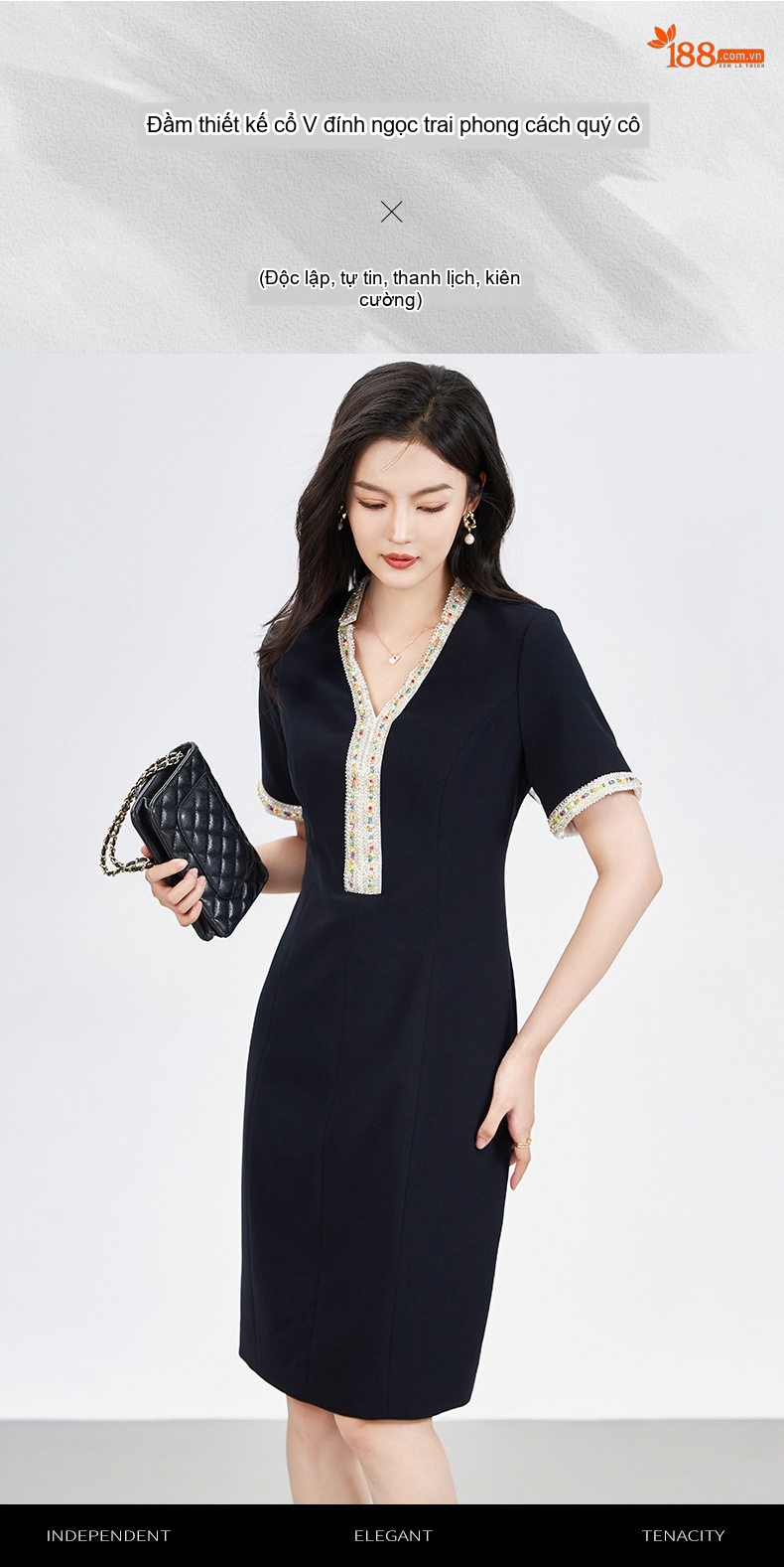 Đầm Ôm Body Nữ Đính Hạt Cổ chữ V Chữ A Tay Ngắn Thanh Lịch Màu Đen, Trắng chi tiết 1