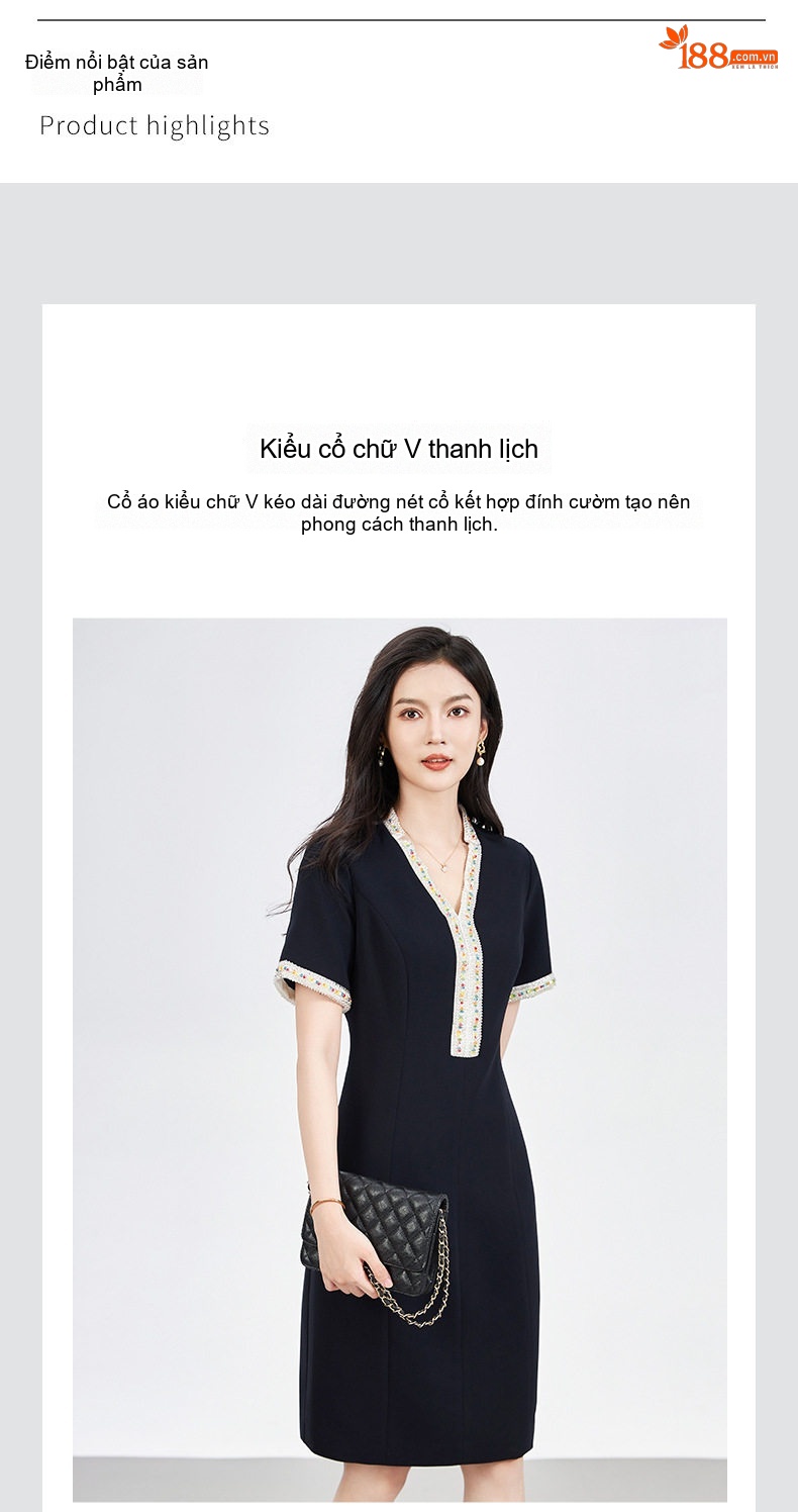 Đầm Ôm Body Nữ Đính Hạt Cổ chữ V Chữ A Tay Ngắn Thanh Lịch Màu Đen, Trắng chi tiết 5