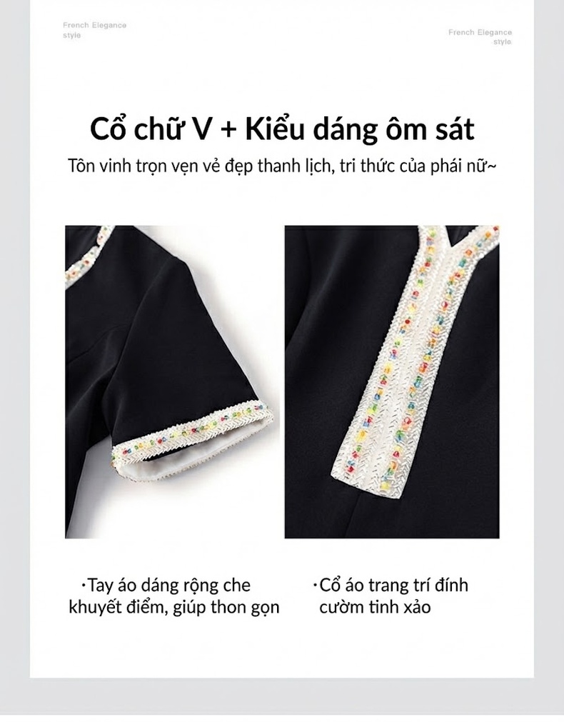 Đầm Ôm Body Nữ Đính Hạt Cổ chữ V Chữ A Tay Ngắn Thanh Lịch Màu Đen, Trắng chi tiết 6