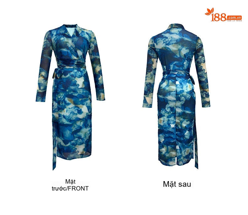Đầm Ôm Body Nữ In Họa Tiết Thắt Eo Tay Dài Lưới Mỏng Màu Xanh Dương chi tiết 5