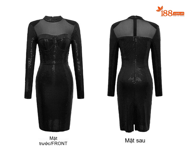 Đầm Ôm Body Nữ Lưới Đính Kim Sa Dài Tay Phong Cách Dạ Hội Màu Đen chi tiết 4