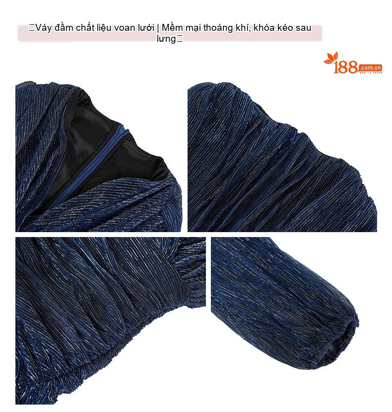 Đầm Ôm Body Nữ Tay Dài Cổ chữ V Thiết Kế Nhún Bèo Màu Xanh Navy chi tiết 4