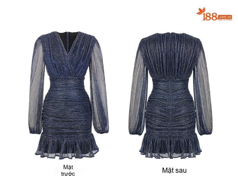 Đầm Ôm Body Nữ Tay Dài Cổ chữ V Thiết Kế Nhún Bèo Màu Xanh Navy chi tiết 7