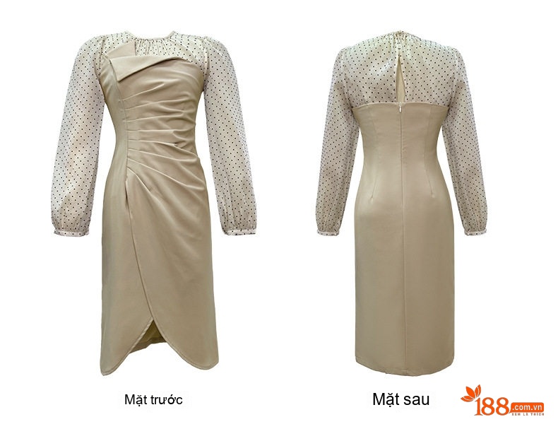 Đầm Ôm Body Nữ Tay Dài Form Dài Thiết Kế Giả Hai Lớp Màu Đen, Kem chi tiết 5