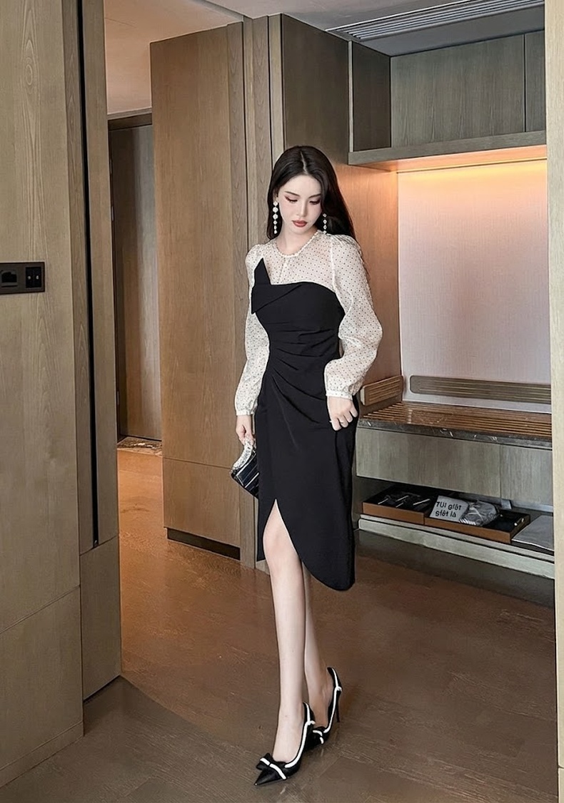 Đầm Ôm Body Nữ Tay Dài Form Dài Thiết Kế Giả Hai Lớp Màu Đen, Kem chi tiết 14