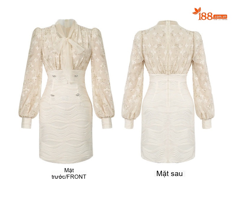 Đầm Ôm Body Nữ Tay Dài Thắt Nơ Phong Cách Pháp Màu Kem chi tiết 4