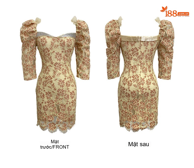 Đầm Ôm Body Nữ Tay Phồng Ren Móc Hoa Đính Đá Phong Cách Pháp Màu Be chi tiết 4