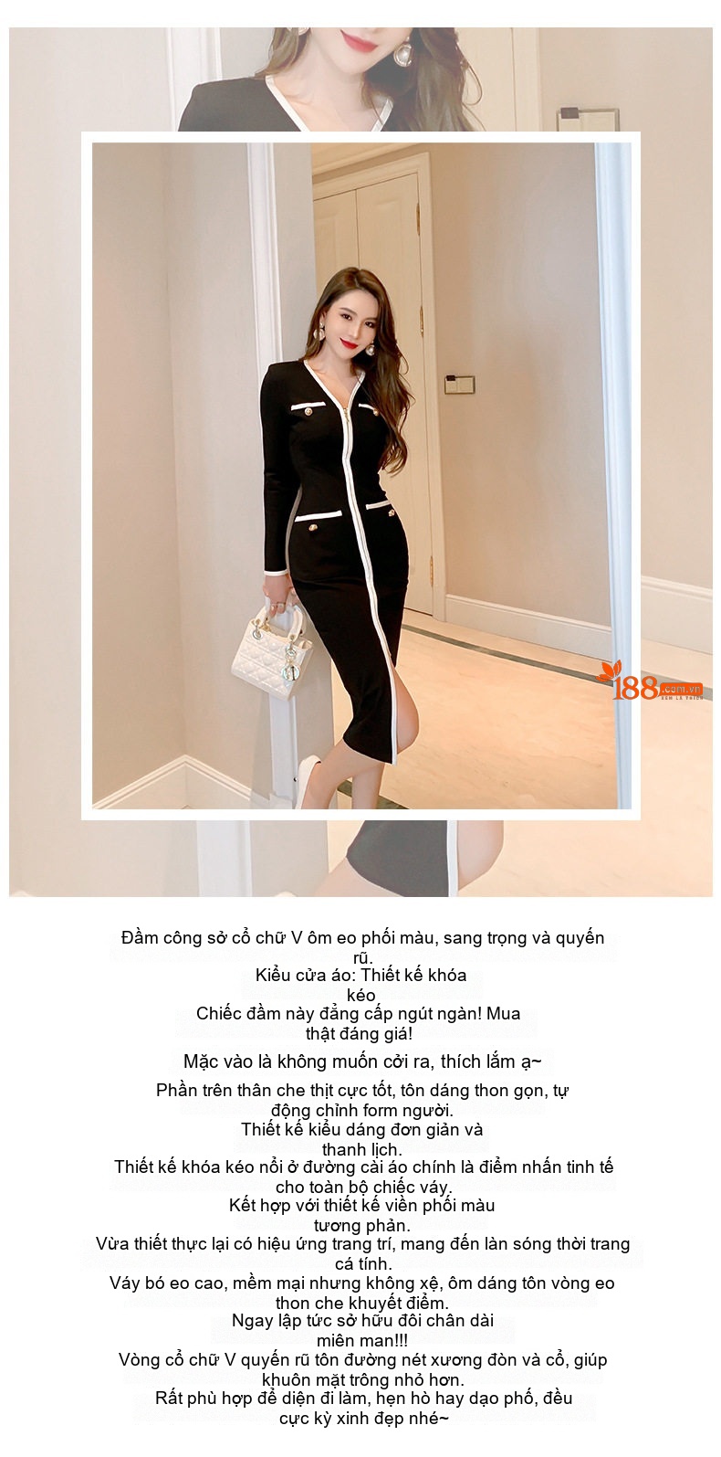 Đầm Ôm Body Nữ V字 Cổ Nhỏ Kiểu Pháp Màu Đen chi tiết 1