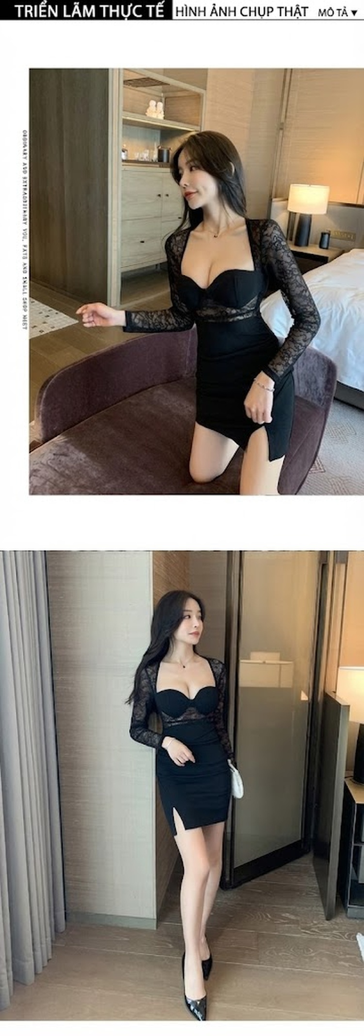 Đầm Ôm Body Tay Dài Ren Lưới Hở Ngực Xẻ Tà Màu Đen chi tiết 4