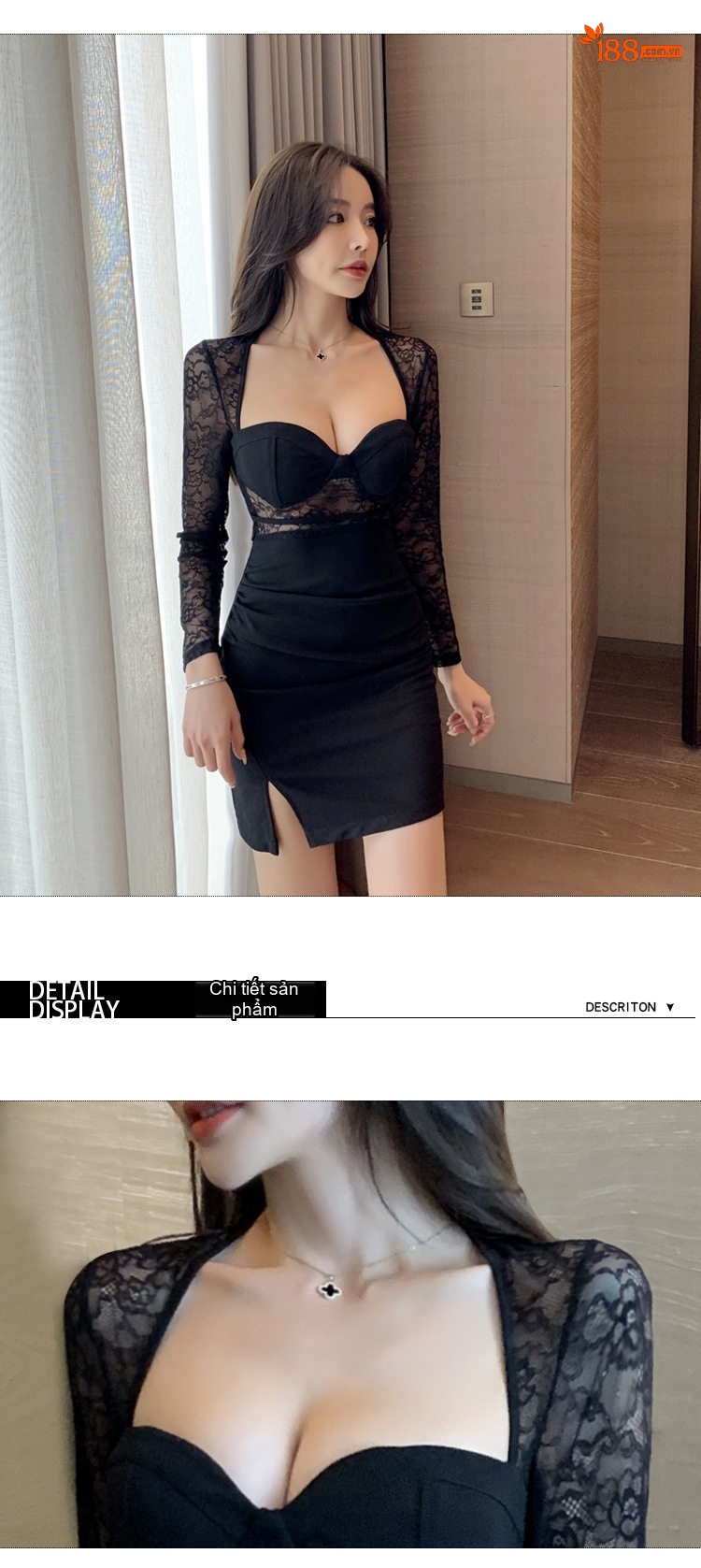 Đầm Ôm Body Tay Dài Ren Lưới Hở Ngực Xẻ Tà Màu Đen chi tiết 7
