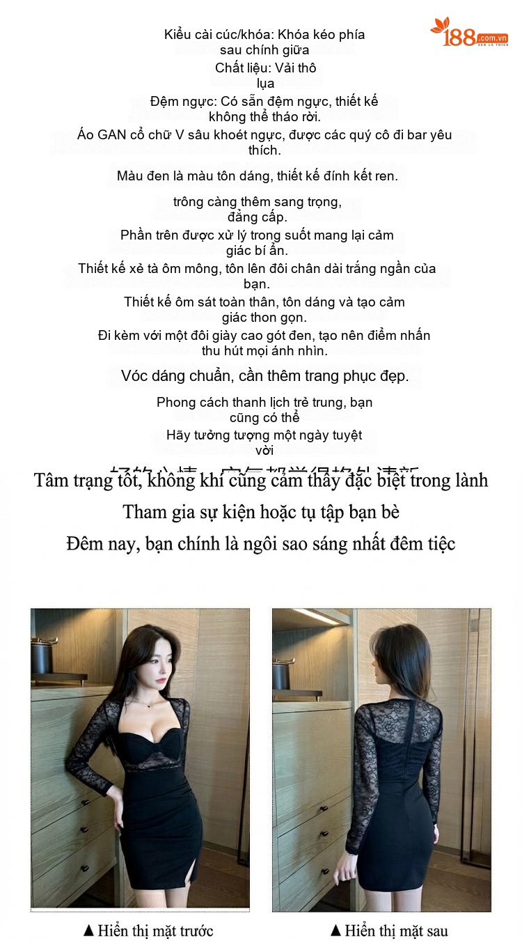 Đầm Ôm Body Tay Dài Ren Lưới Hở Ngực Xẻ Tà Màu Đen chi tiết 2