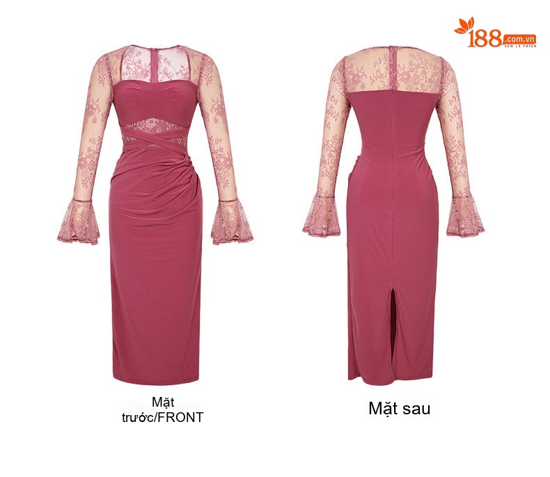 Đầm Ôm Body Tay Loe Ren Quyến Rũ Màu Đỏ Rượu chi tiết 4