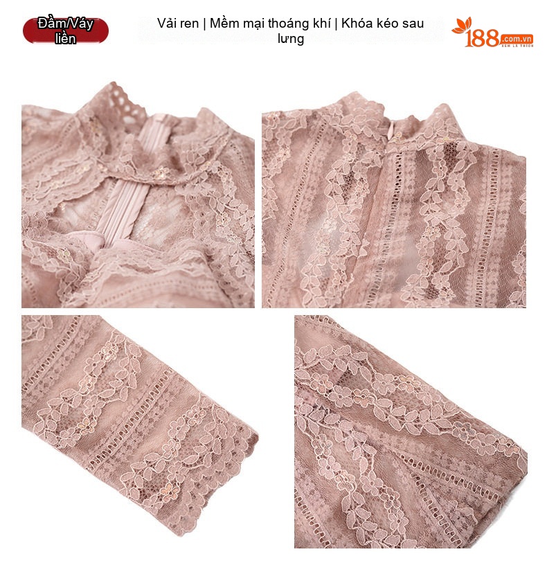 Đầm Ren Lưới Dáng Dài Nữ Tính Chiết Eo Phong Cách Pháp Màu Hồng chi tiết 3