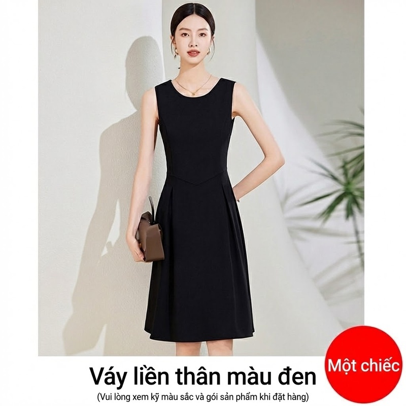 Đầm Sát Nách Xòe dáng chữ A Cổ Tròn Thắt Eo Thanh Lịch Màu Đen, Kem
