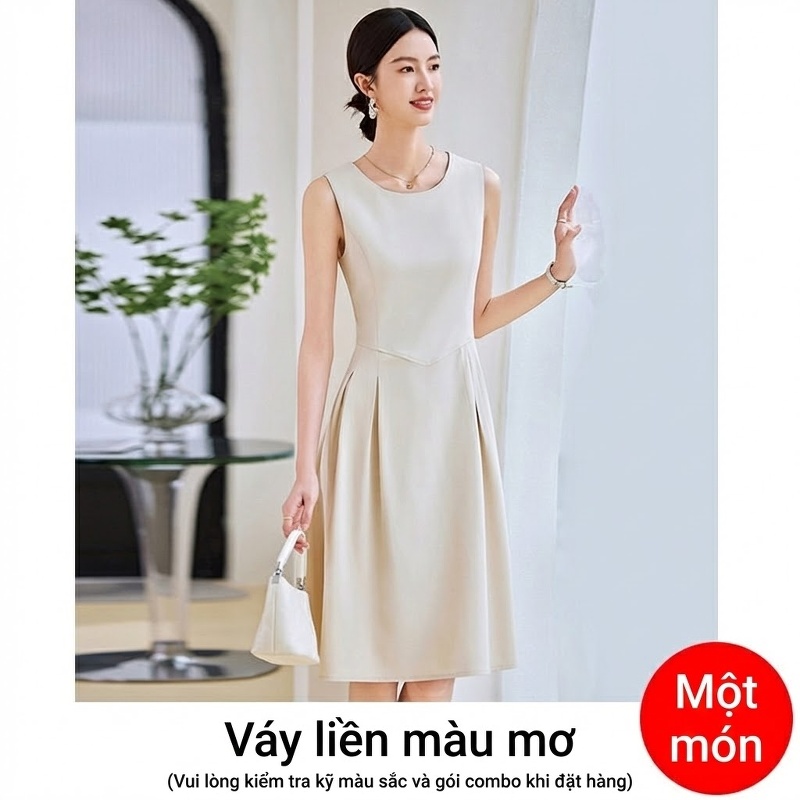 Đầm Sát Nách Xòe dáng chữ A Cổ Tròn Thắt Eo Thanh Lịch Màu Đen, Kem