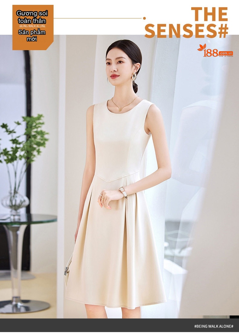 Đầm Sát Nách Xòe dáng chữ A Cổ Tròn Thắt Eo Thanh Lịch Màu Đen, Kem chi tiết 2