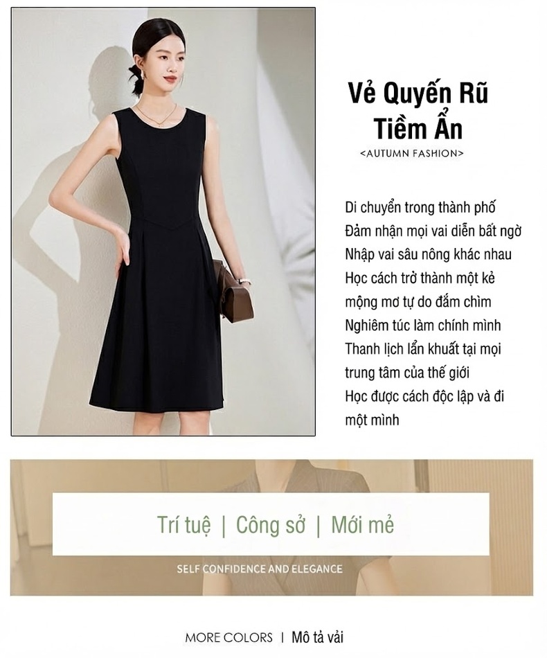Đầm Sát Nách Xòe dáng chữ A Cổ Tròn Thắt Eo Thanh Lịch Màu Đen, Kem chi tiết 3