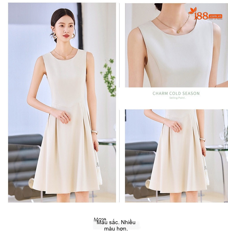 Đầm Sát Nách Xòe dáng chữ A Cổ Tròn Thắt Eo Thanh Lịch Màu Đen, Kem chi tiết 7