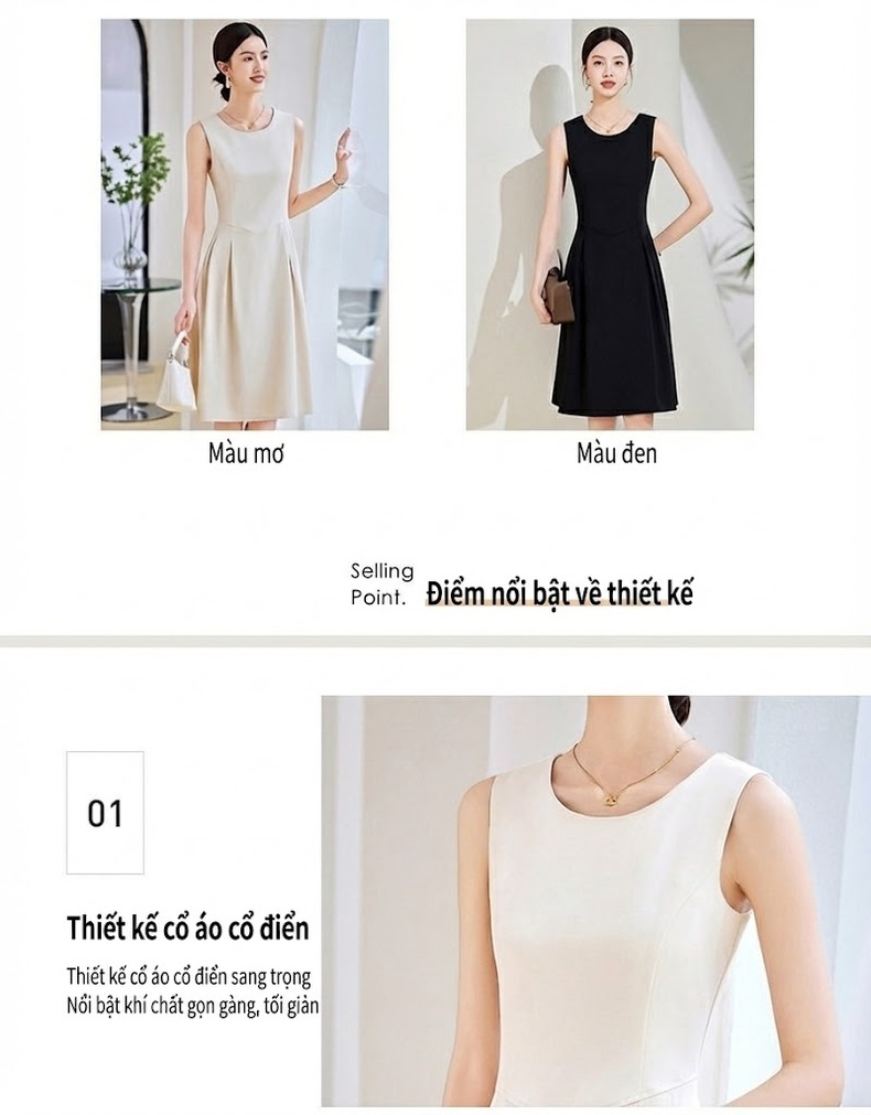 Đầm Sát Nách Xòe dáng chữ A Cổ Tròn Thắt Eo Thanh Lịch Màu Đen, Kem chi tiết 8