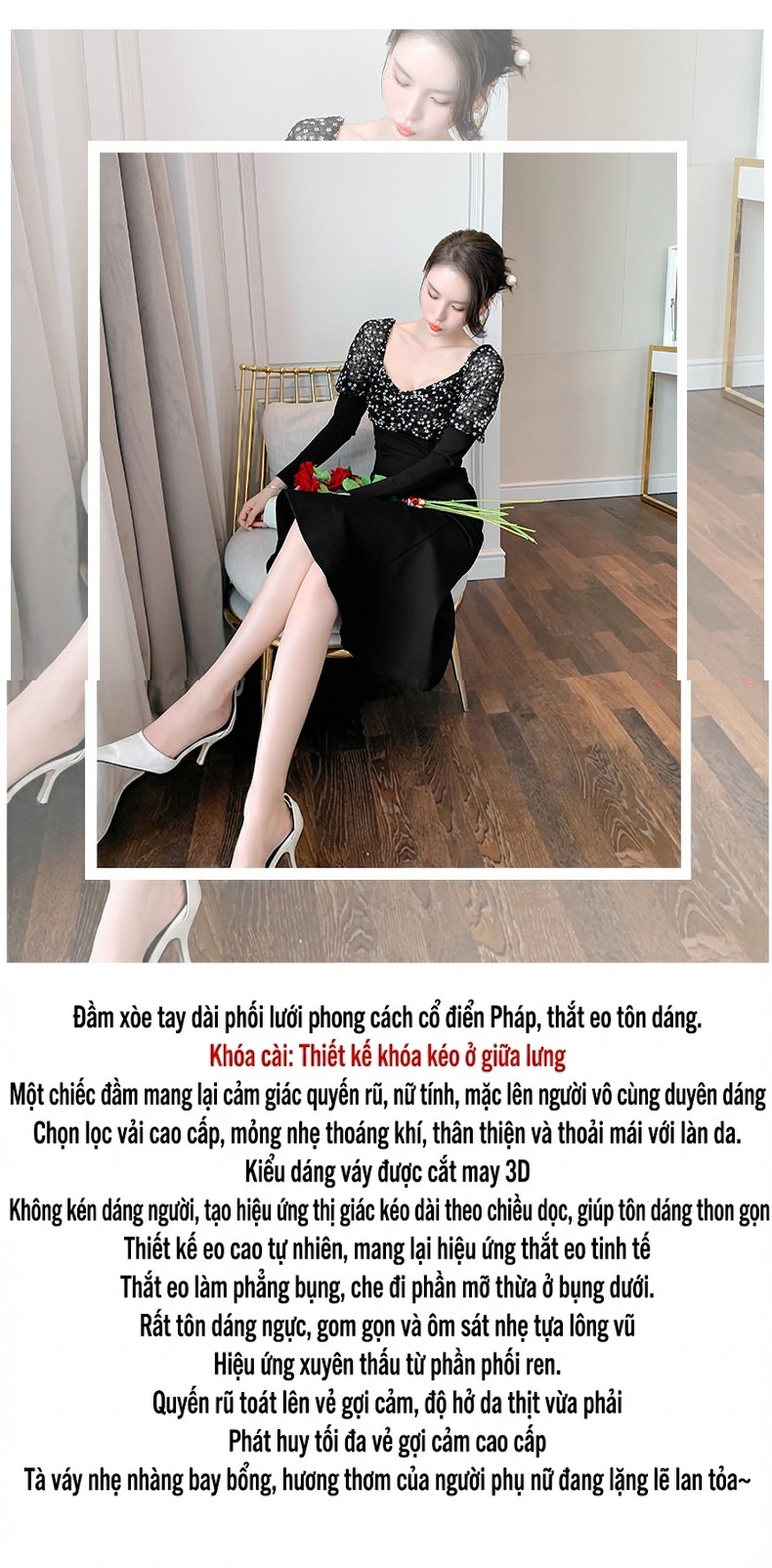 Đầm Tiểu Thư Tay Dài Thu Đông, Thiết Kế Ôm Eo, Phối Lưới Màu Đen chi tiết 1