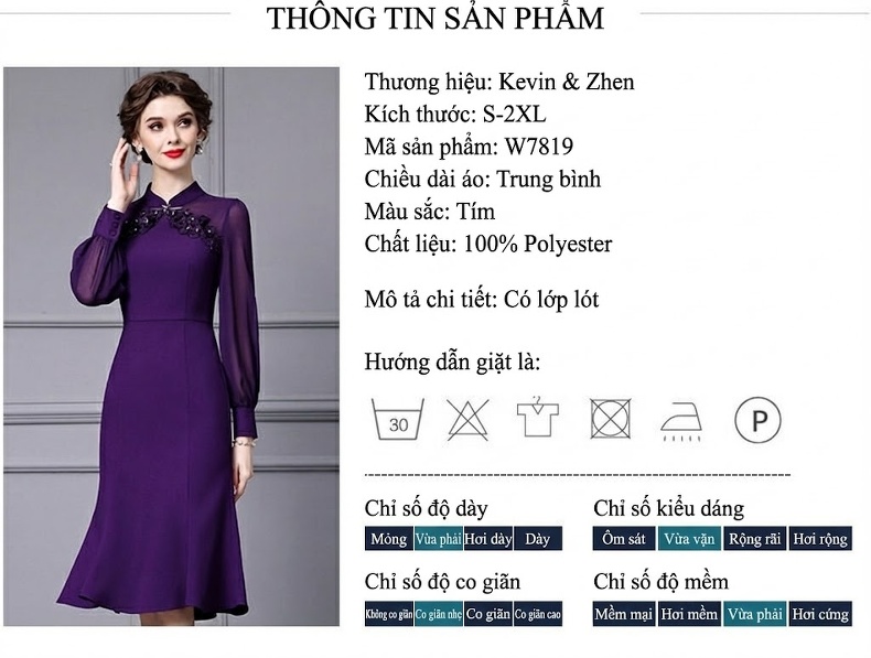 Đầm Trung Quốc Cách Tân Nữ Màu Tím, Thiết Kế Hoa 3D, Cổ Trụ, Dáng Ôm, Đuôi Cá chi tiết 17
