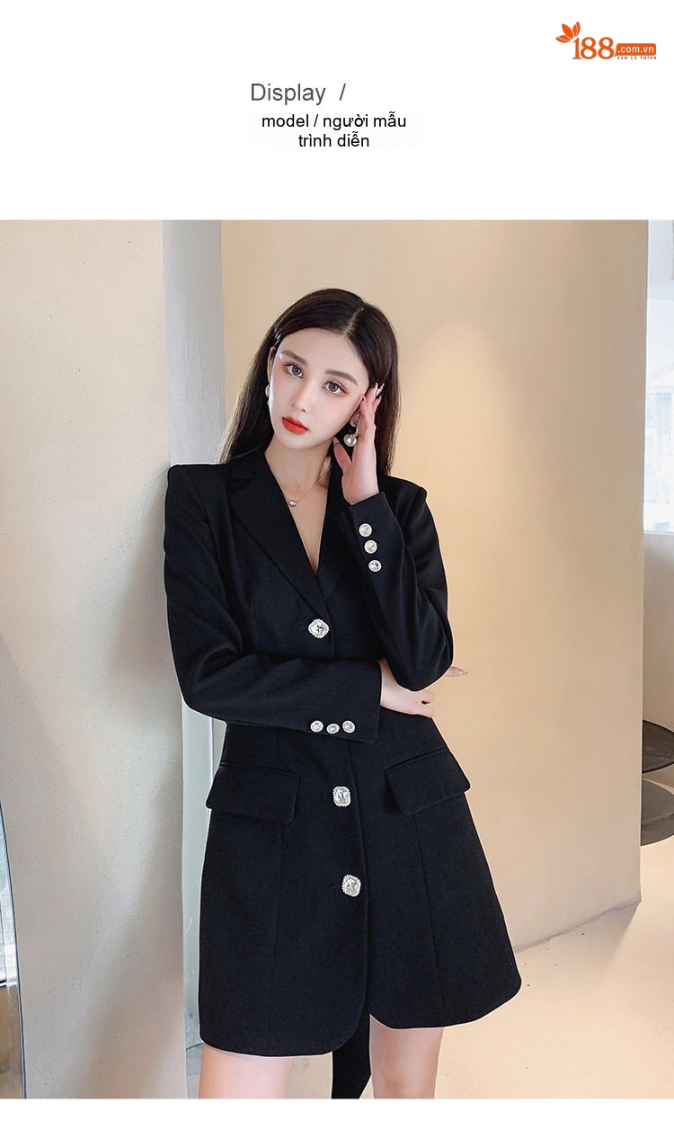 Đầm Vest Nữ Tay Dài Thu Đông Chiết Eo Dáng Ôm Màu Đen chi tiết 4