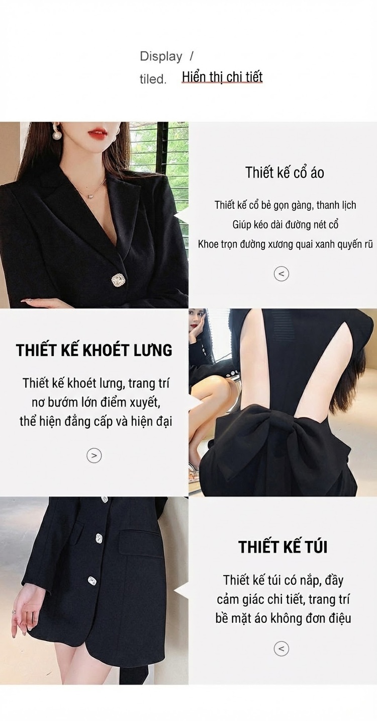 Đầm Vest Nữ Tay Dài Thu Đông Chiết Eo Dáng Ôm Màu Đen chi tiết 3