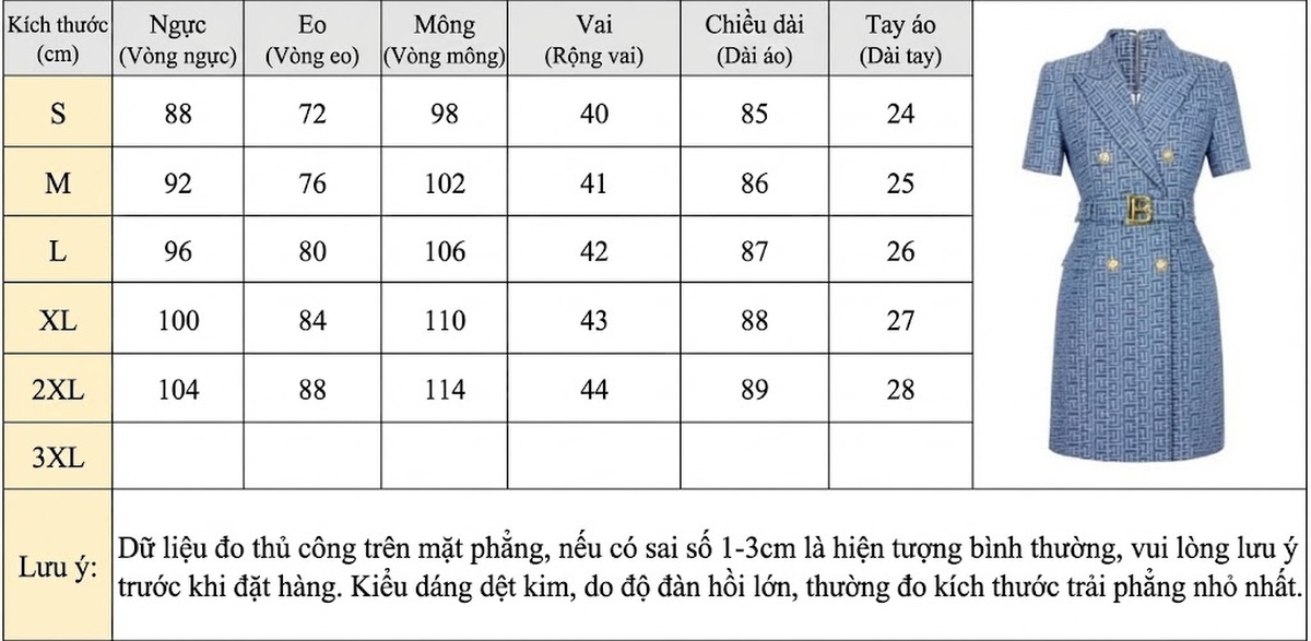 Đầm Vest Nữ Tay Ngắn, Chiết Eo, Kiểu OL, Chất Vải Jacquard Denim Màu Xanh chi tiết 1