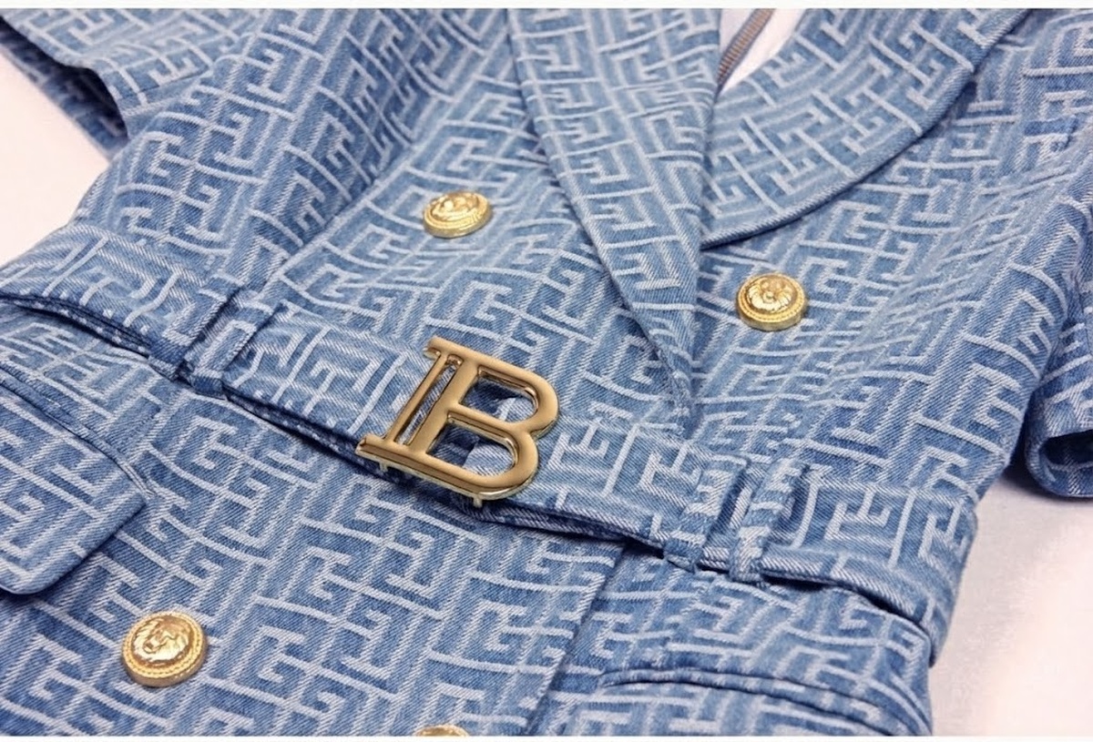 Đầm Vest Nữ Tay Ngắn, Chiết Eo, Kiểu OL, Chất Vải Jacquard Denim Màu Xanh chi tiết 5
