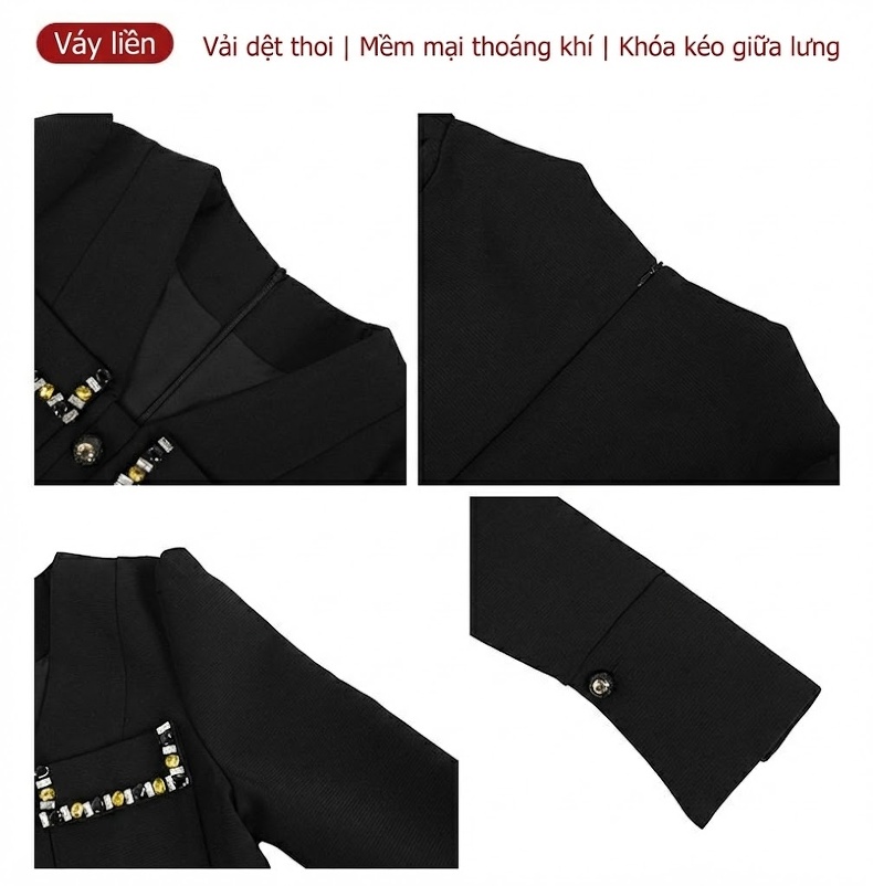 Đầm Vest Nữ Tiểu Thư Cổ chữ V Tay Dài Ôm Dáng Màu Đen chi tiết 3
