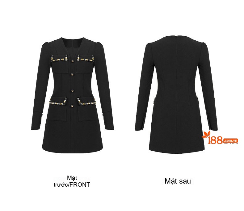 Đầm Vest Nữ Tiểu Thư Cổ chữ V Tay Dài Ôm Dáng Màu Đen chi tiết 4
