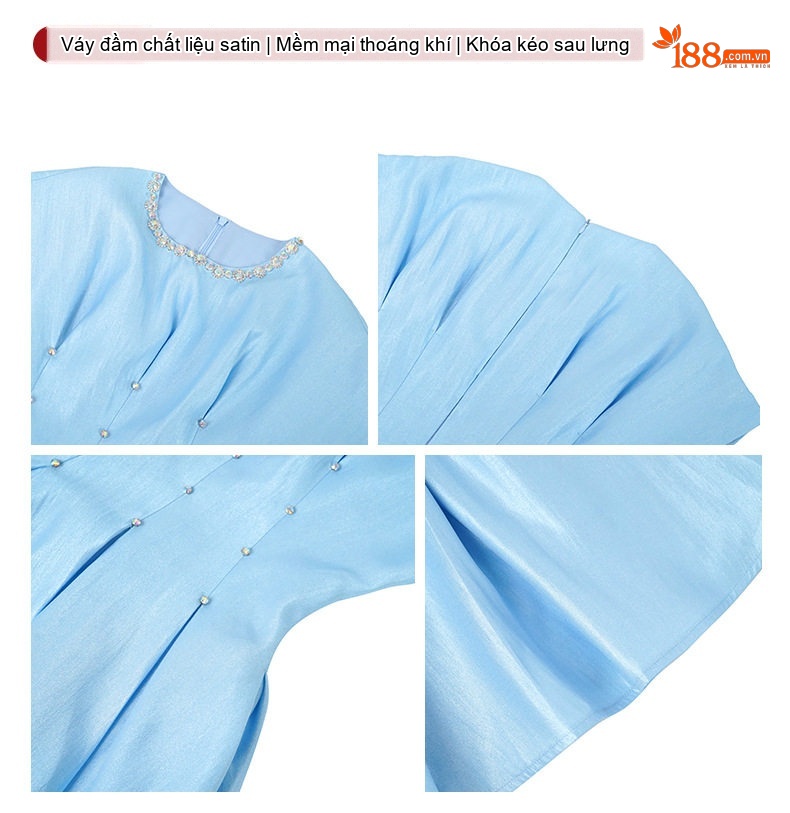 Đầm Xòe Chữ A Nữ Cổ Tròn Đính Đá Eo Thun Chất Liệu Satin Màu Xanh Lam chi tiết 3