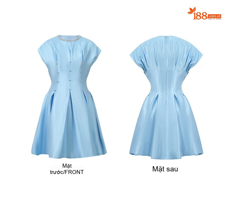 Đầm Xòe Chữ A Nữ Cổ Tròn Đính Đá Eo Thun Chất Liệu Satin Màu Xanh Lam chi tiết 4
