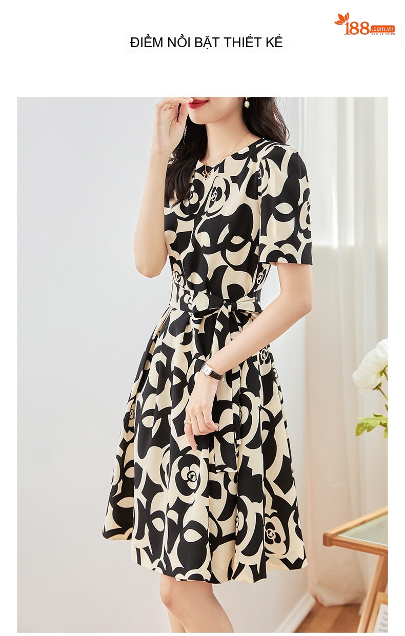 Đầm Xòe Nữ In Hoa Trà Eo Cao Thanh Lịch Màu Đen, Trắng chi tiết 4