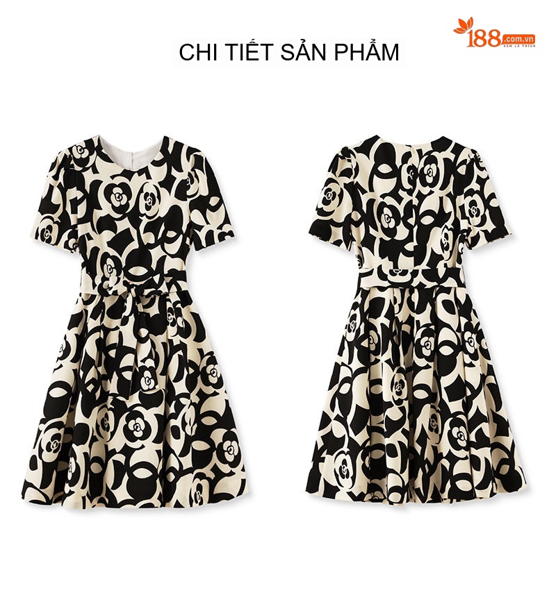Đầm Xòe Nữ In Hoa Trà Eo Cao Thanh Lịch Màu Đen, Trắng chi tiết 13