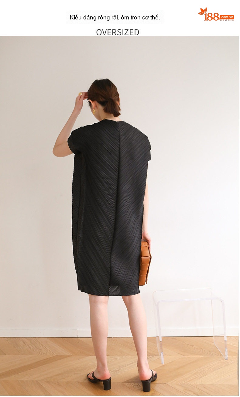 Đầm Xòe Nữ Tam Giác Pleats V Cổ Tay Ngắn Dáng Rộng Phong Cách Thời Trang Màu Đen, Xanh, Nâu, Hồng... chi tiết 12