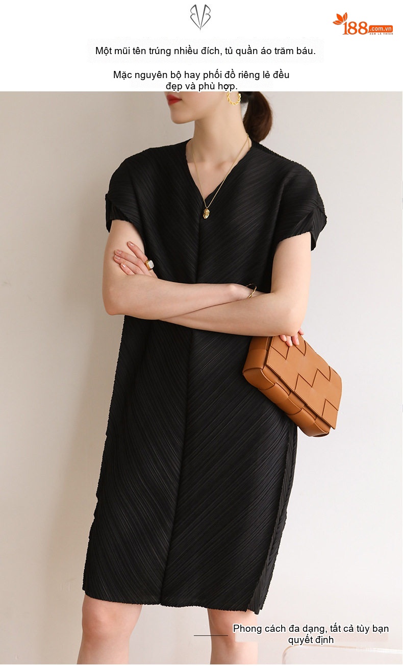 Đầm Xòe Nữ Tam Giác Pleats V Cổ Tay Ngắn Dáng Rộng Phong Cách Thời Trang Màu Đen, Xanh, Nâu, Hồng... chi tiết 13