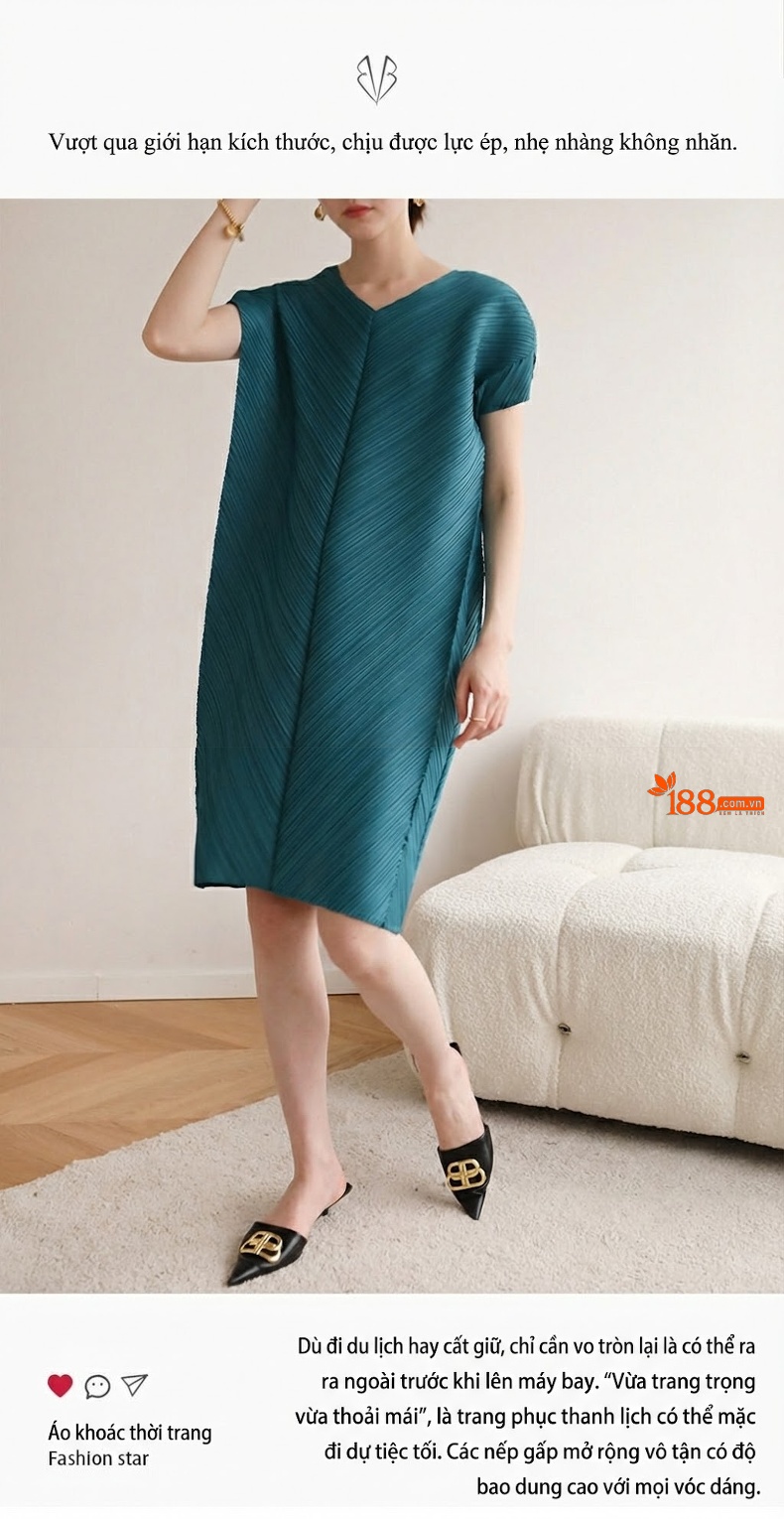 Đầm Xòe Nữ Tam Giác Pleats V Cổ Tay Ngắn Dáng Rộng Phong Cách Thời Trang Màu Đen, Xanh, Nâu, Hồng... chi tiết 2