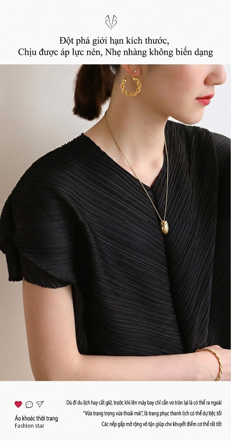 Đầm Xòe Nữ Tam Giác Pleats V Cổ Tay Ngắn Dáng Rộng Phong Cách Thời Trang Màu Đen, Xanh, Nâu, Hồng... chi tiết 11