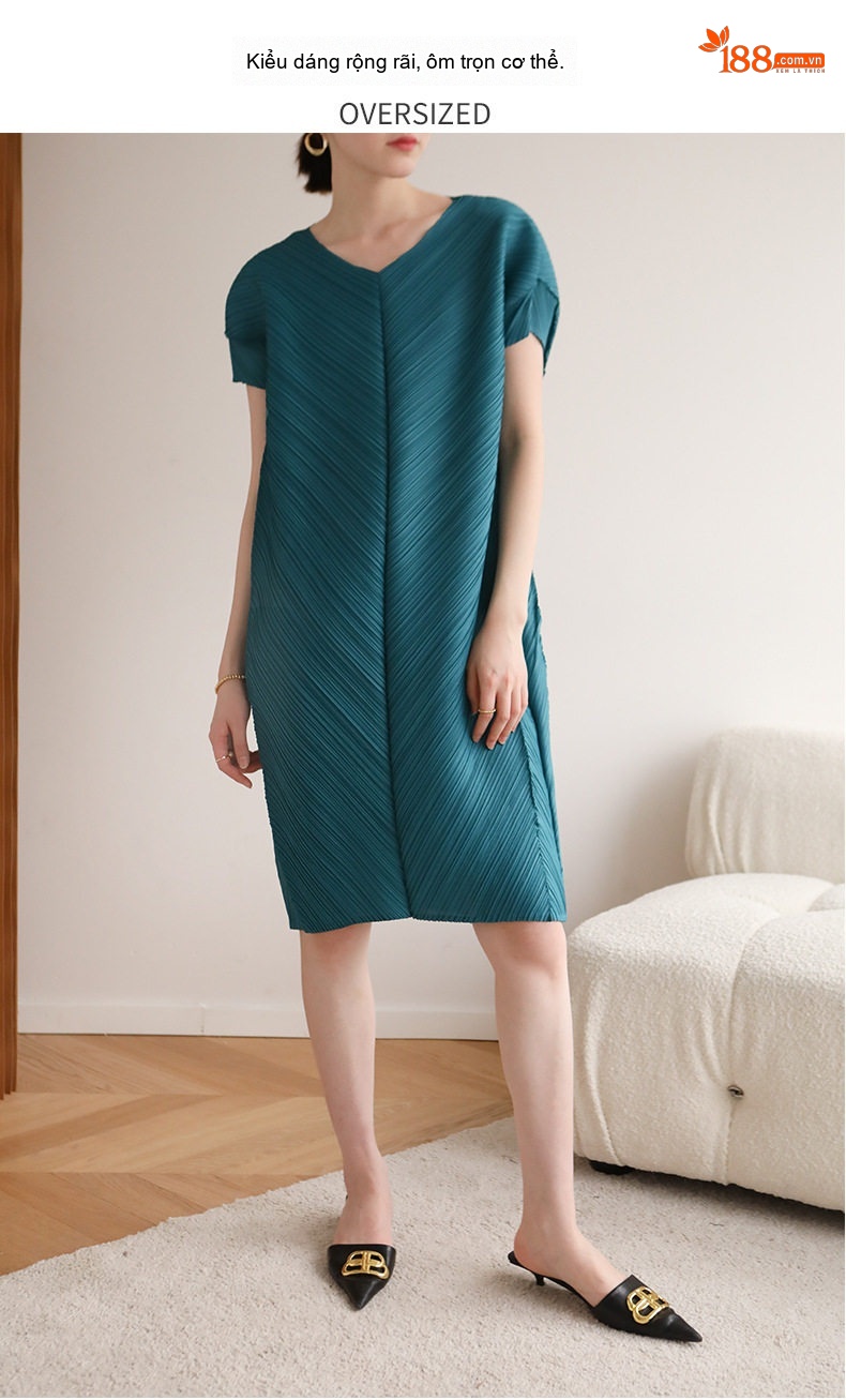 Đầm Xòe Nữ Tam Giác Pleats V Cổ Tay Ngắn Dáng Rộng Phong Cách Thời Trang Màu Đen, Xanh, Nâu, Hồng... chi tiết 3
