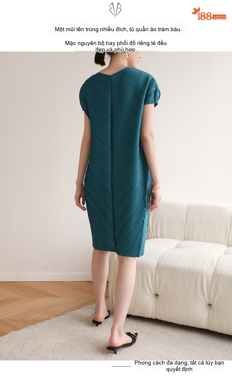 Đầm Xòe Nữ Tam Giác Pleats V Cổ Tay Ngắn Dáng Rộng Phong Cách Thời Trang Màu Đen, Xanh, Nâu, Hồng... chi tiết 4