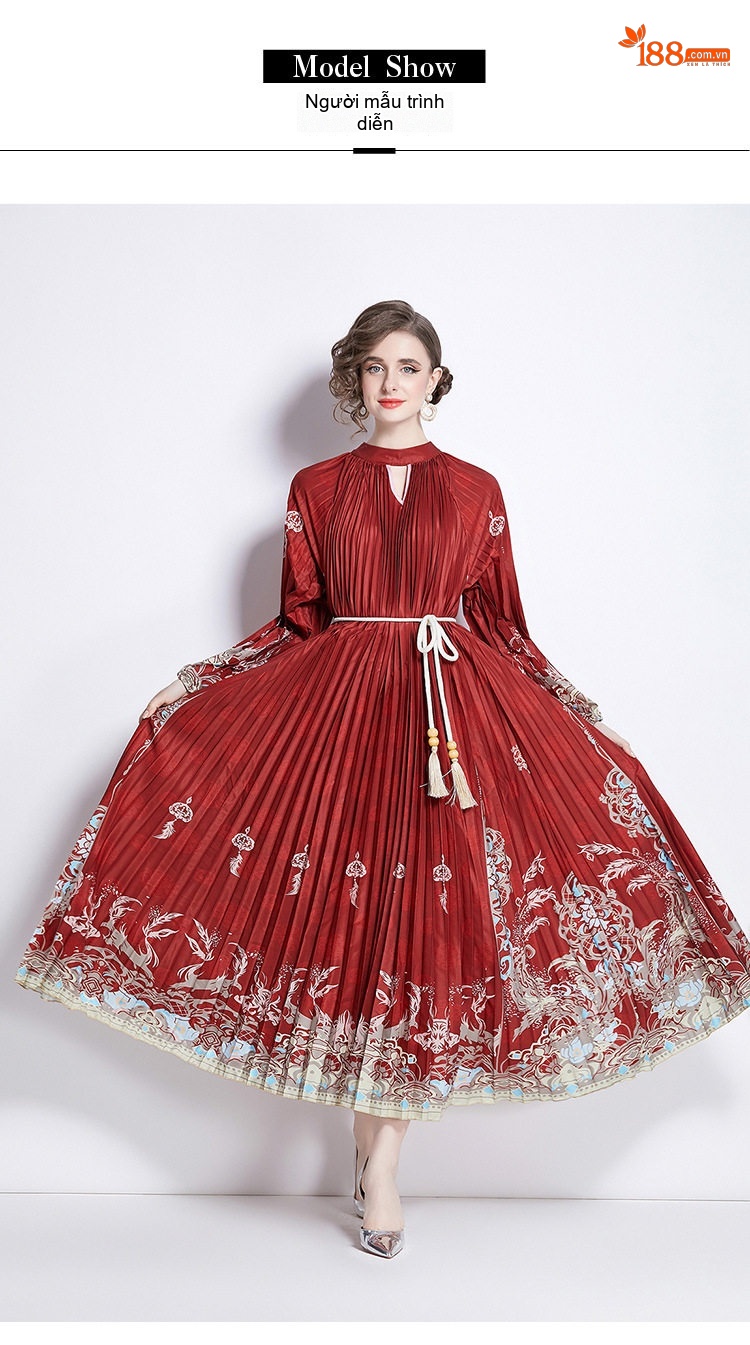 Đầm Xòe Nữ Tay Phồng Dài In Họa Tiết Thắt Eo Tassel Màu Đỏ chi tiết 13