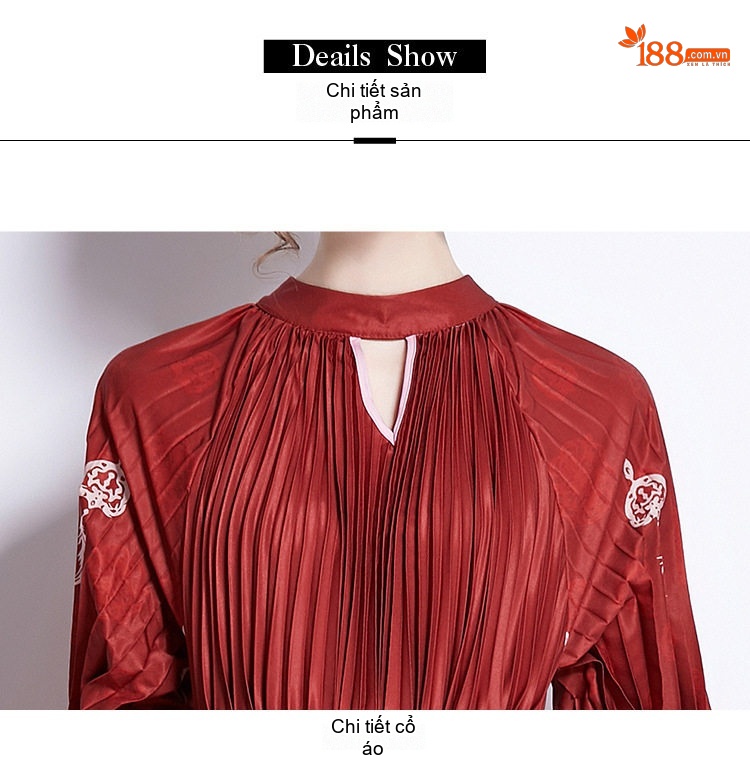 Đầm Xòe Nữ Tay Phồng Dài In Họa Tiết Thắt Eo Tassel Màu Đỏ chi tiết 20