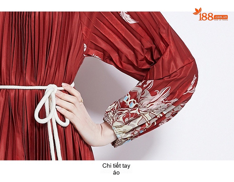 Đầm Xòe Nữ Tay Phồng Dài In Họa Tiết Thắt Eo Tassel Màu Đỏ chi tiết 21