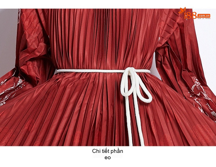Đầm Xòe Nữ Tay Phồng Dài In Họa Tiết Thắt Eo Tassel Màu Đỏ chi tiết 22